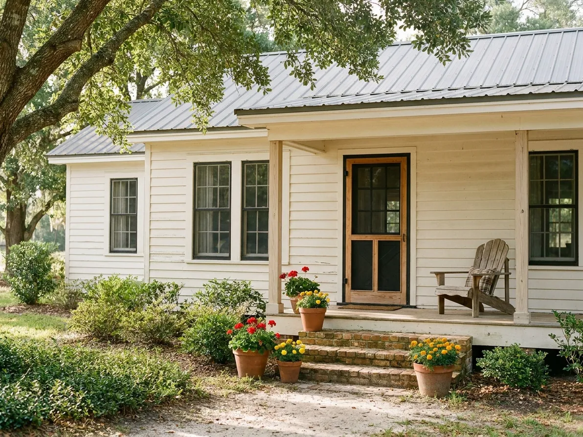 White cottage with a covered porch and potted flowers