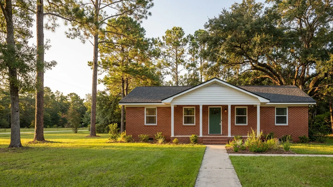 Red-brick ranch with a green door and mature shade trees